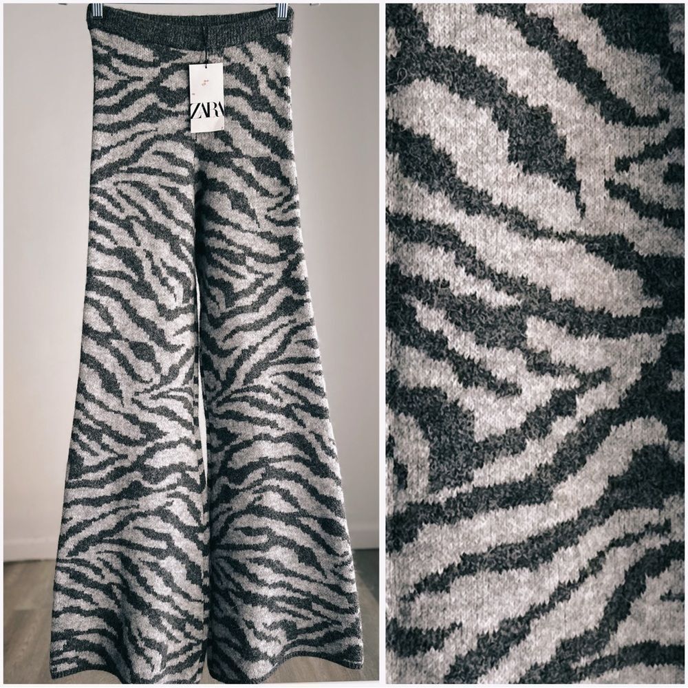 ZARA Wool Alpaca Blend Zebra Print Knit Wide Leg Pants Gray